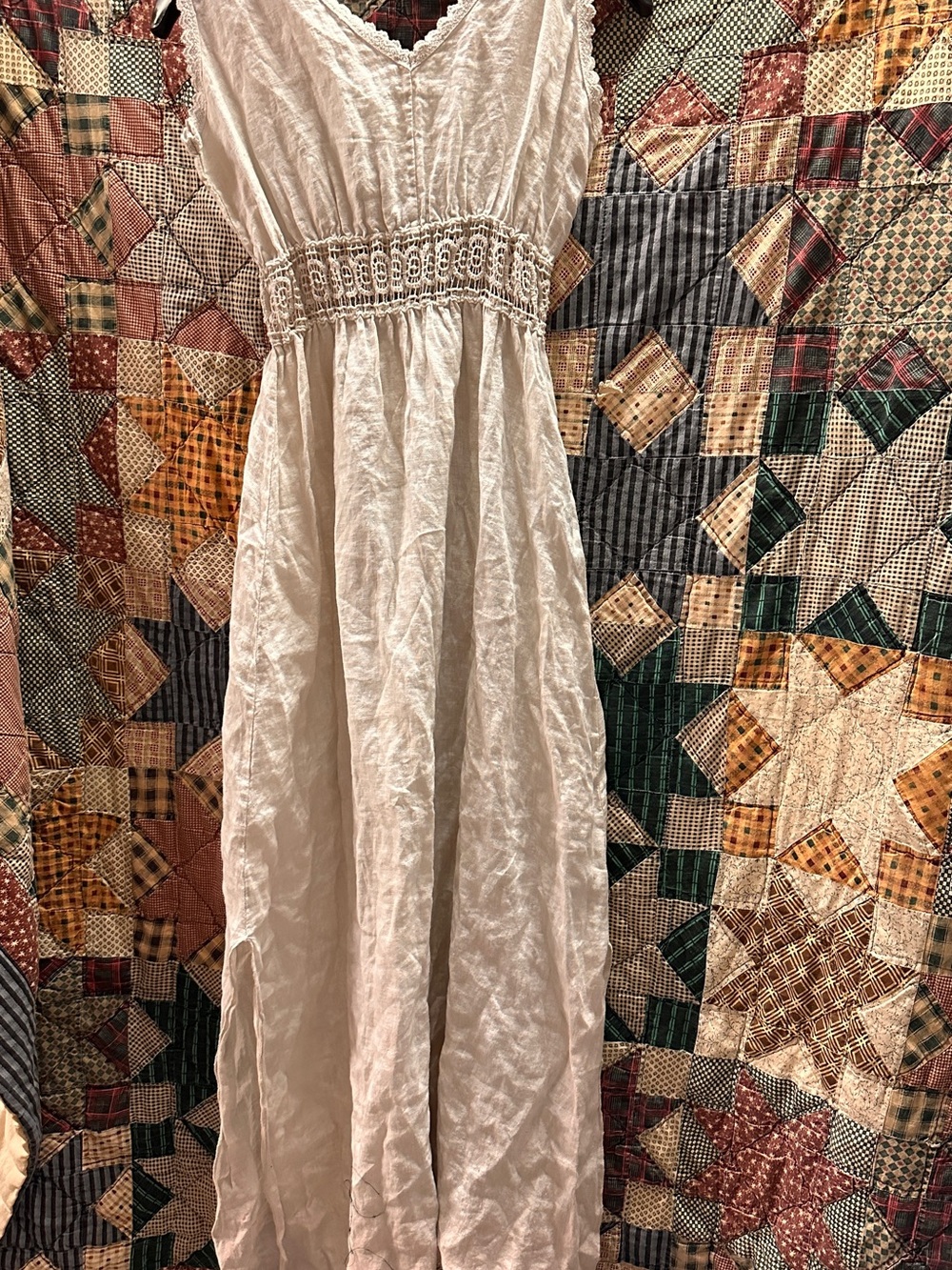Italian Linen Maxi Dress with Lace Waist Detail